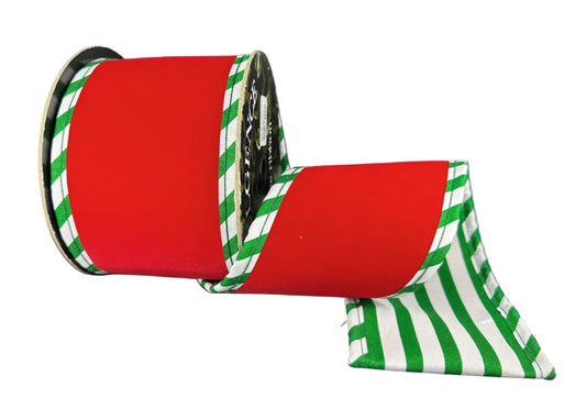 D73601-04-17 | 4" | THICK FLAT RED VELVET W/WHT-GRN CABANA STRIPES | 5YDS
