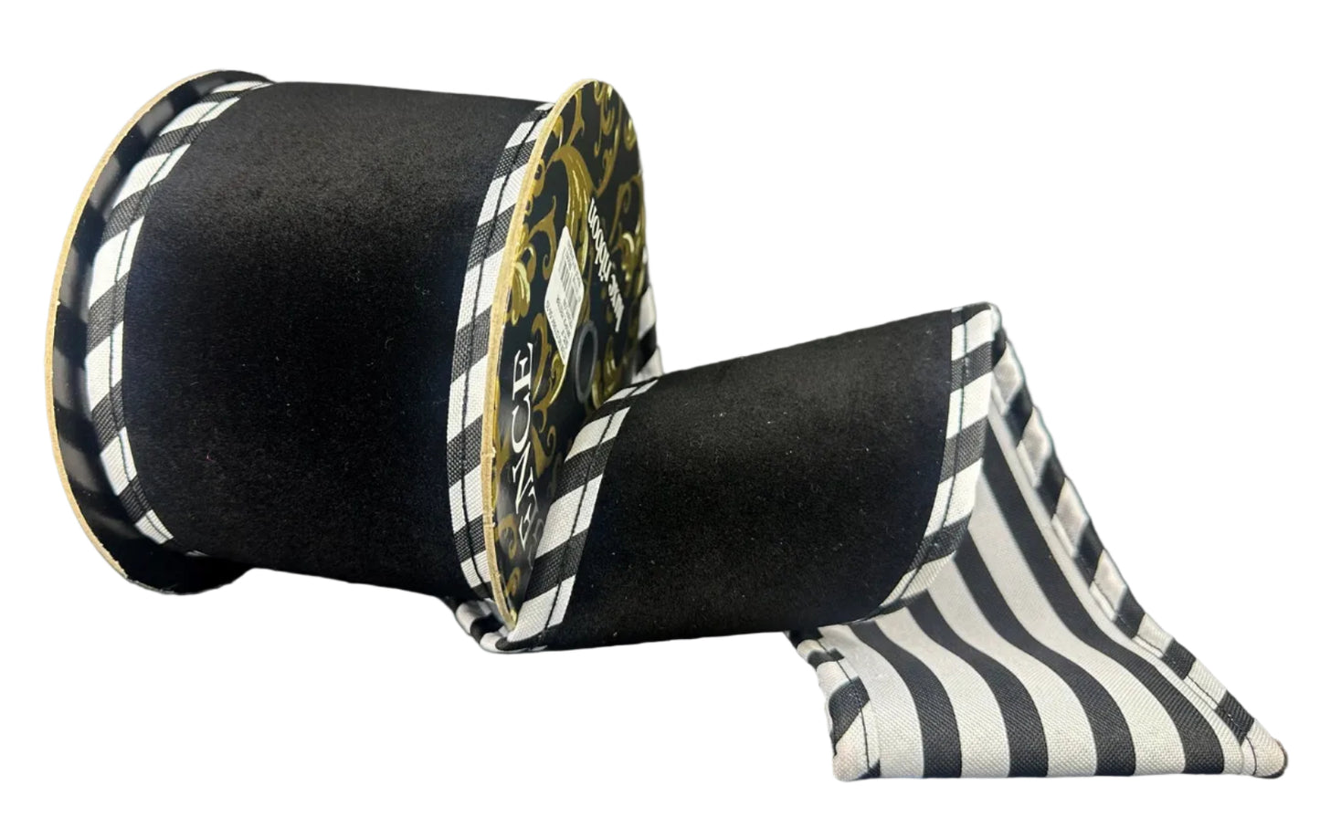 D73601-04-20 | 4" | THICK FLAT BLACK VELVET W/WHT-BLK CABANA STRIPES | 5YDS