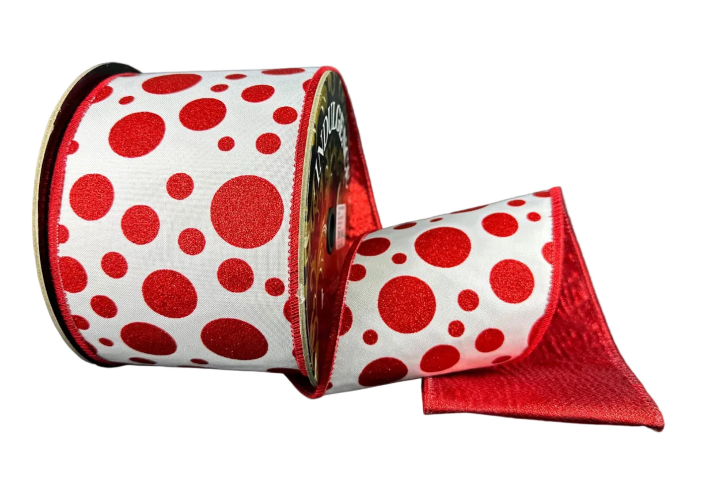 D73603-04-12 | 4" | RED GLITTER DOTS ON WHITE SATIN W/RED METALLIC BACKING | 10YDS