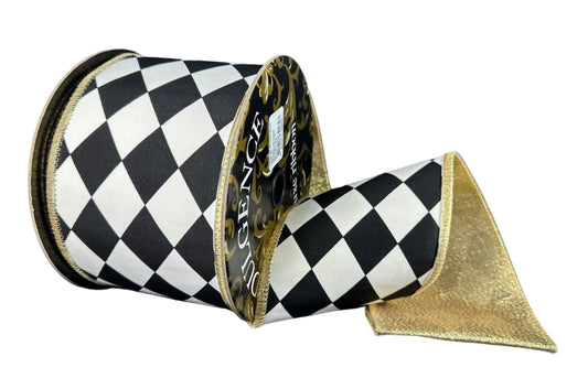 D73604-04-21 | 4" | BIG BLK HARLIQUIN ON WHITE SATIN W/METALLIC GOLD BACKING | 10YDS