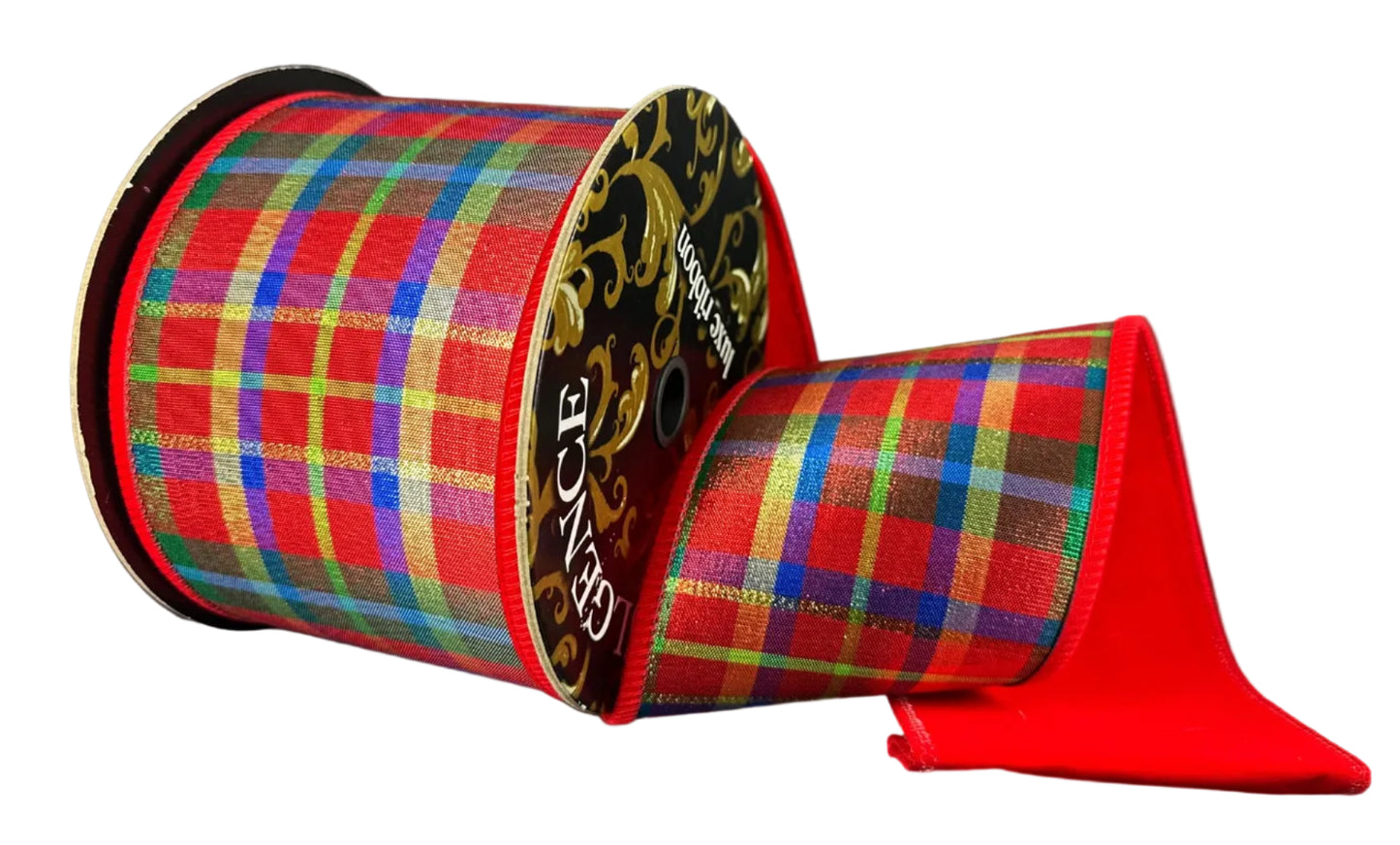 D73611-04-01 | 4" | METALLIC TARTAN PLAID W/RED VELVET BACKING | 10YDS