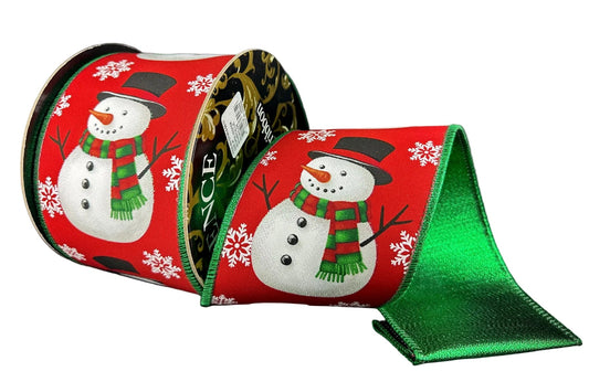 D73614-04-17 | 4" | BIG SNOWMAN ON RED SATIN W/METALLIC EMERALD BACKING | 10YDS