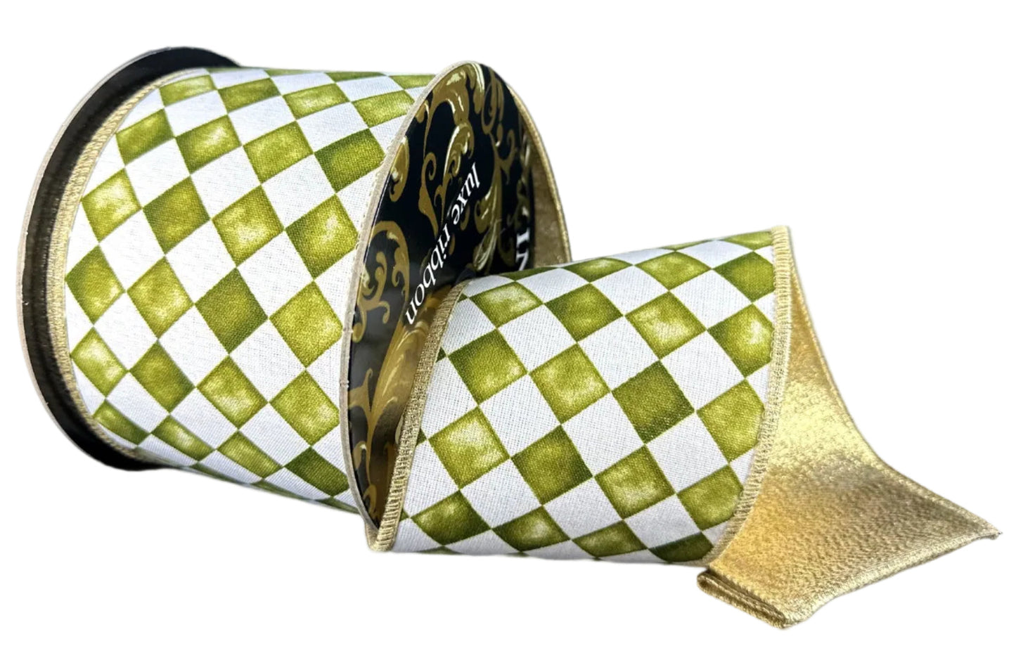D73639-04-08 | 4" | MOSS-WHITE HARLIQUIN CHEX W/ METALLIC GOLD BACKING | 10YDS