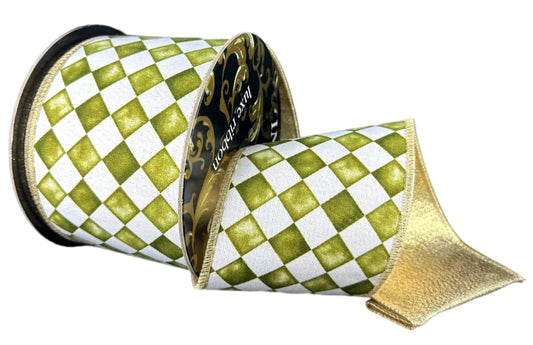 D73639-04-08 | 4" | MOSS-WHITE HARLIQUIN CHEX W/ METALLIC GOLD BACKING | 10YDS