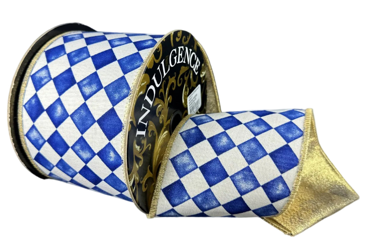 D73639-04-36 | 4" | NAVY-WHITE HARLIQUIN CHEX W/ METALLIC GOLD BACKING | 10YDS