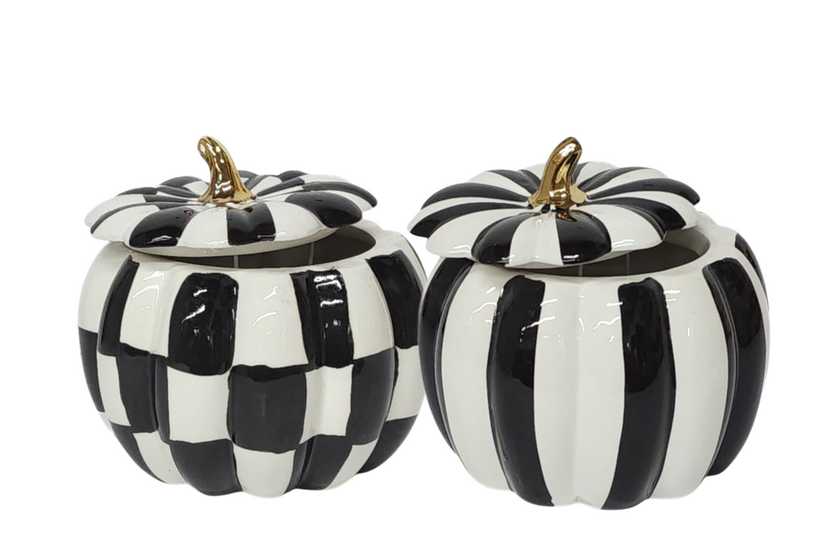 C1616 | 4"OP | ROUND PUMPKIN W/LID | WHITE/BLACK | 2 ASST.
