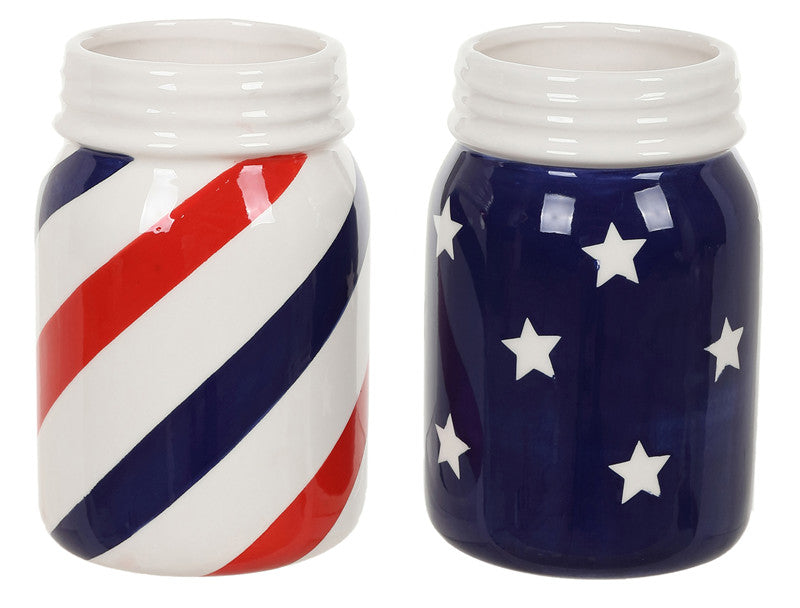 E22442 Ceramic RED/WHITE/BLUE Stars/Stripes Jar 2 Asst