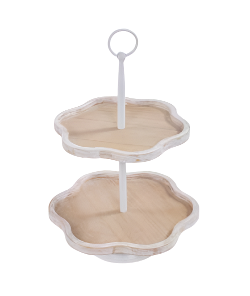 E25352 | WOOD/METAL WHITEWASH 2-TIER TRAY W/HANDLE