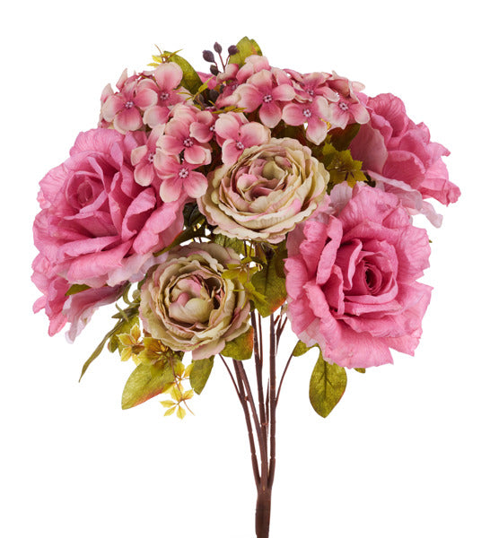 FB1934A6 | 23"L | Fabric Rose/Hydrangea Bush x5 | Dusty Pink/Cream/Lt Green