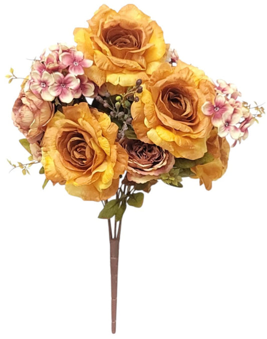 FB1934A7 | 23"L | Fabric Rose/Hydrangea Bush x5 | Mustard/Peach