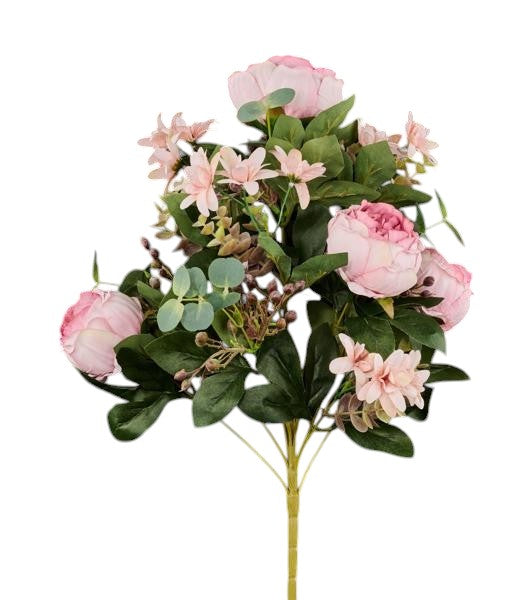 FB194376  20"L Cabbage Rose/Eucalyptus Bush