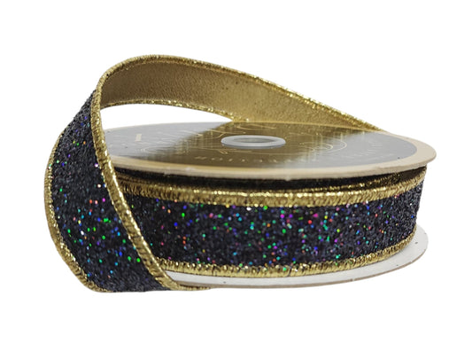 LX326686 | 7/8" | Laser Glitter/Fused | Black w/Gold Backing | 10yds