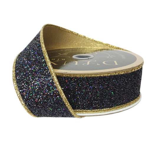 LX326786 | 1.5" | Laser Glitter/Fused | Black w/Gold Backing | 10yds