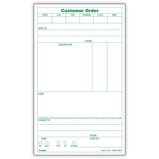 OF0600 | ORDER FORM | No. 2 Order Pad | 100 Sheet Per Pad | 10Pads/Bundle