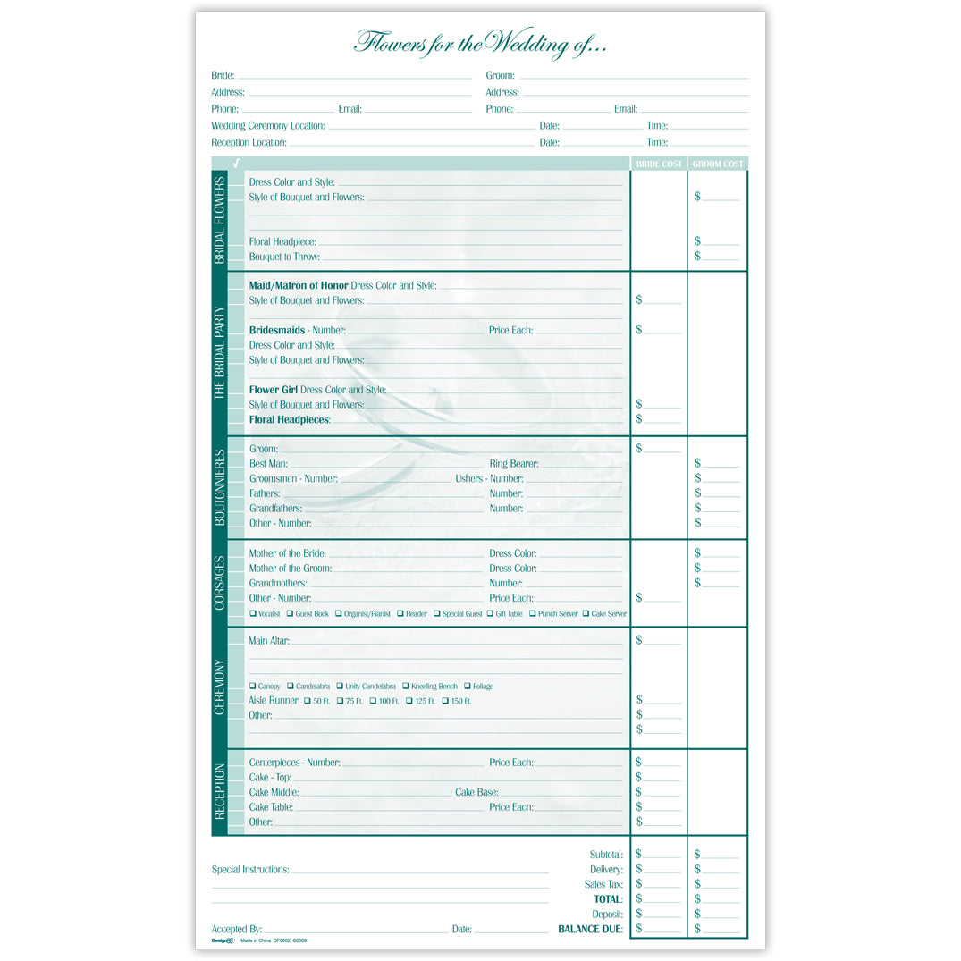 OF0602 | ORDER FORM | WEDDING ORDER FORM | SINGLE 100-SHEET PAD