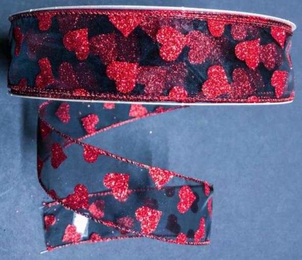 Q501609-203 | 1.5" | BLACK SHEER W/RED GLITTER HEARTS | 50YD