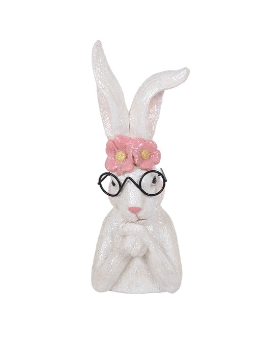 S25122 | Resin White Sparkle Bunny Head W/Glasses | 2 Asst