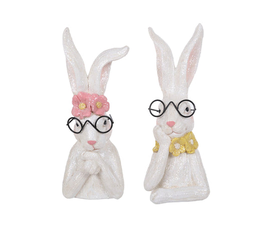 S25122 | Resin White Sparkle Bunny Head W/Glasses | 2 Asst