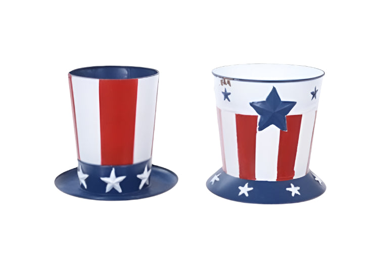 E25606 | METAL RED/WHITE/BLUE STRIPE HAT CONTAINER | 2PC/SET