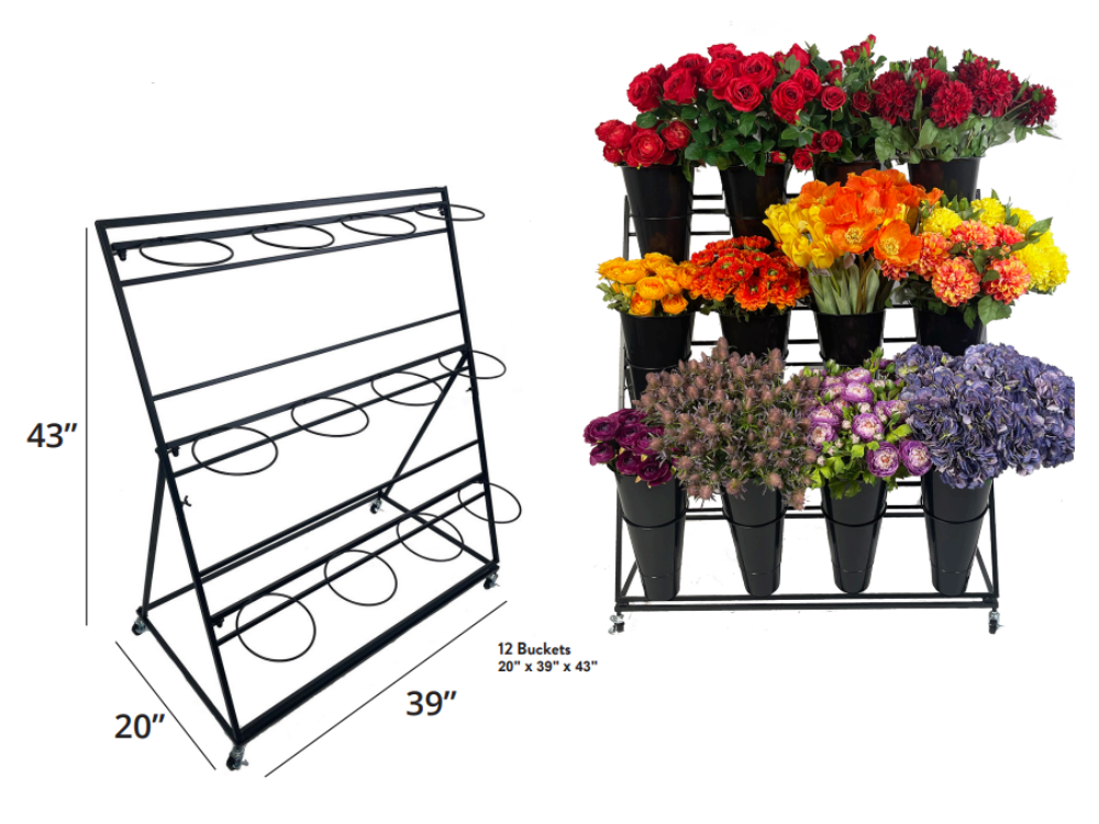 923682BLK |  20" x 39" x 43" | FLOWER RACK W/12 BUCKETS | BLACK