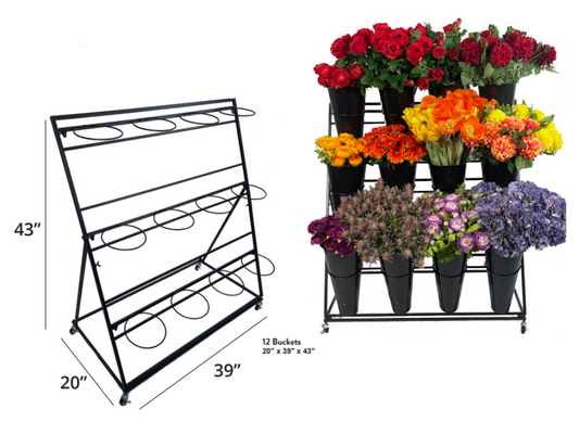 923682BLK |  20" x 39" x 43" | FLOWER RACK W/12 BUCKETS | BLACK