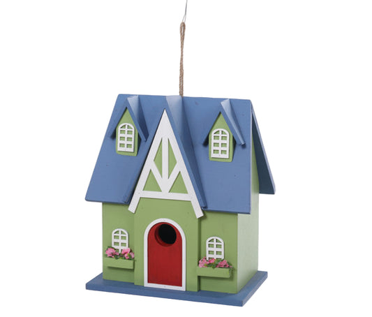 T25329 | Wood Blue/Green Cottage Birdhouse Hang