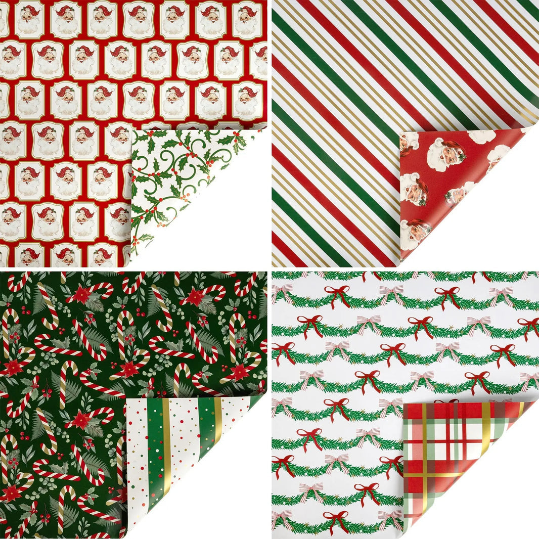W3010-1046P | 30" x 10' | Holiday Reversible Metallic Wrapping Paper Bundle (4-pack) | Vintage Santa and Holiday Greens