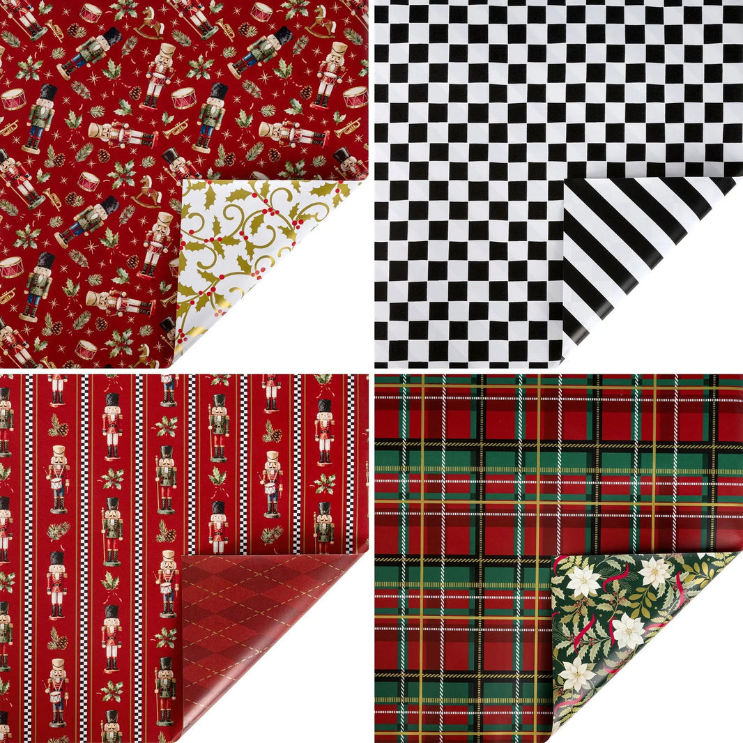 W3010-1047P | 30" x 10' | Holiday Reversible Metallic Wrapping Paper Bundle (4-pack) | Holly Nutcracker Plaids and Checks