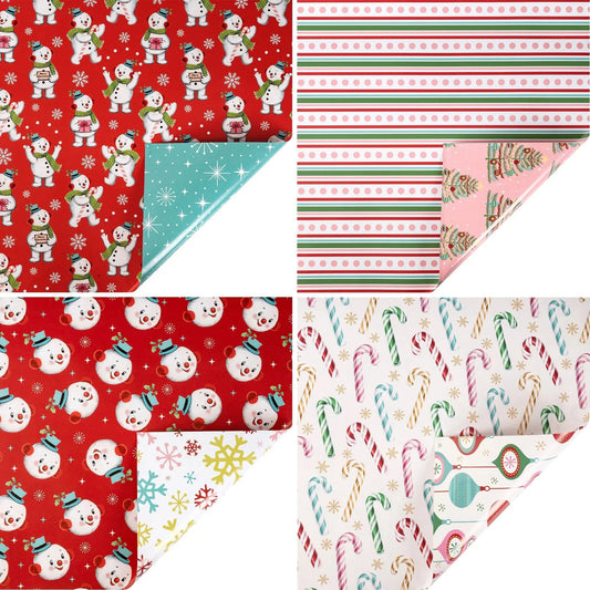 W3010-1048P | 30" x 10' | Holiday Reversible Wrapping Paper Bundle (4-pack) | Vintage Snowman and Friends