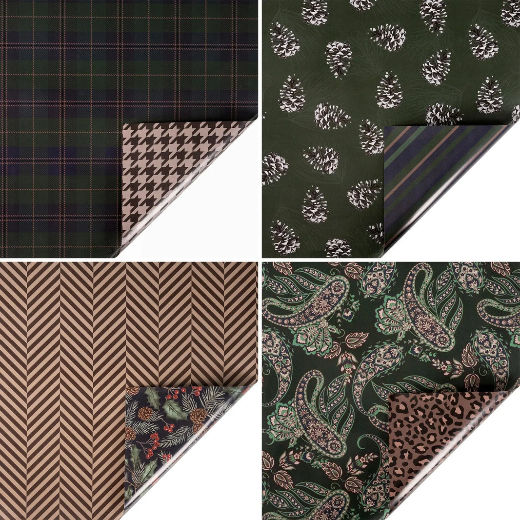W3010-1052P | 30" x 10' | Holiday Reversible Wrapping Paper Bundle (4-pack) | Fashionable Christmas