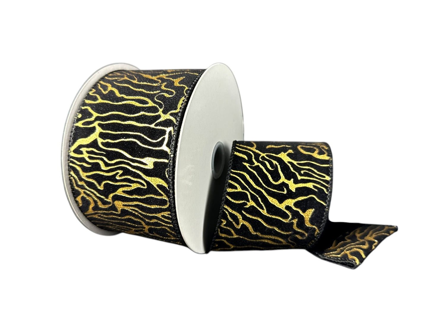 A&B Wholesale Market Inc 2.5 inch black velvet ribbon featuring a metallic gold geometric swirl pattern on a spool.