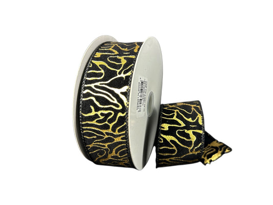 A&B Wholesale Market Inc 1.5 inch black velvet ribbon featuring a metallic gold geometric swirl pattern on a spool.