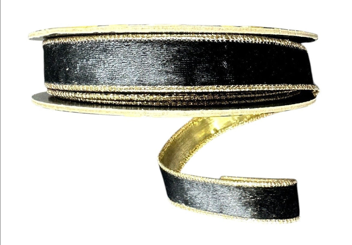 A&B Wholesale Market Inc black lush velvet ribbon with metallic gold backing on a spool