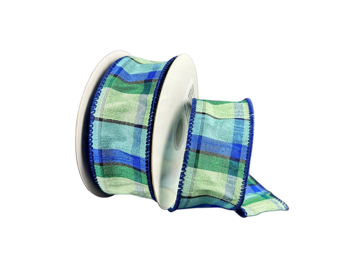 A&B Wholesale Market Inc 1.5 inch Conrad Dupioni plaid ribbon in blue and green with a wired edge on a spool