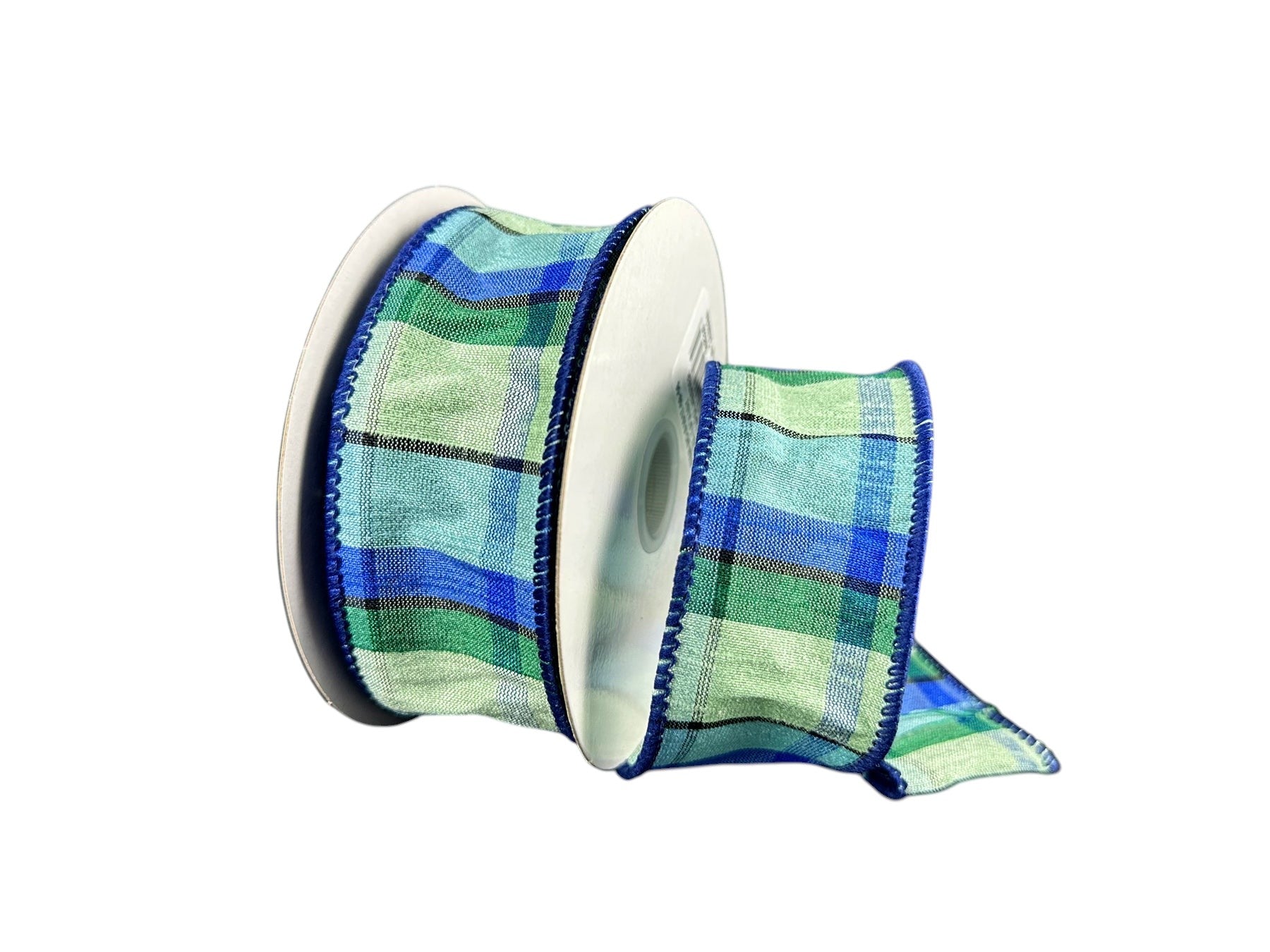 A&B Wholesale Market Inc 1.5 inch Conrad Dupioni plaid ribbon in blue and green with a wired edge on a spool