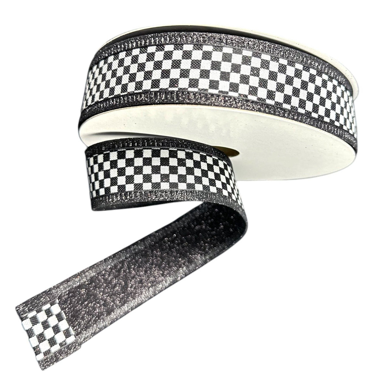 A&B Wholesale Market Inc 1 inch wide black and white checkered ribbon with a sparkling black glitter edge and backing