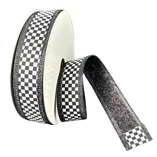 A&B Wholesale Market Inc 1 inch wide black and white checkered ribbon with a sparkling black glitter edge and backing