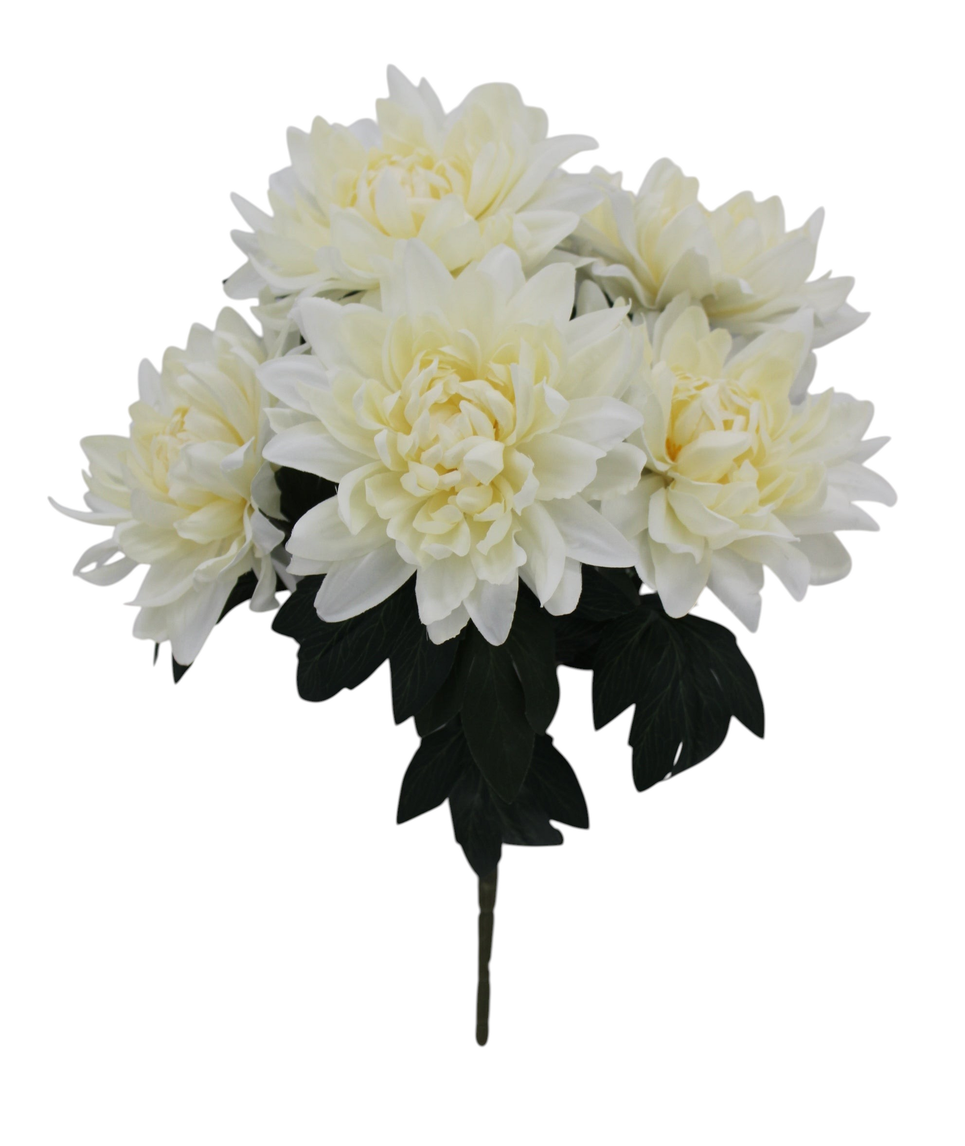 A&B Wholesale Market Inc cream artificial dahlia bush with five blooms and dark green leaves on a single stem.