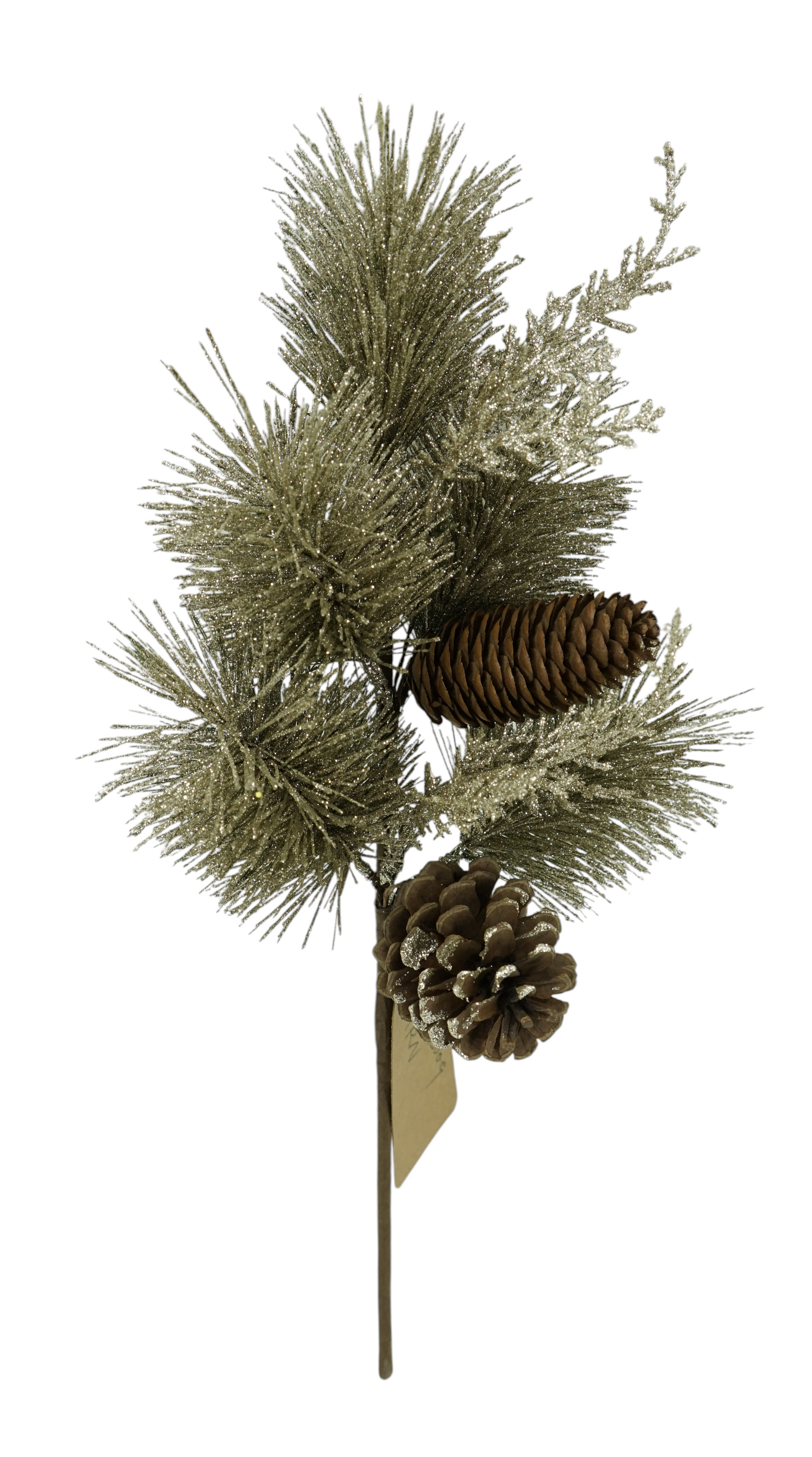 A&B Wholesale Market Inc 18-inch needle pine branch with glittered needles and two natural brown pinecones