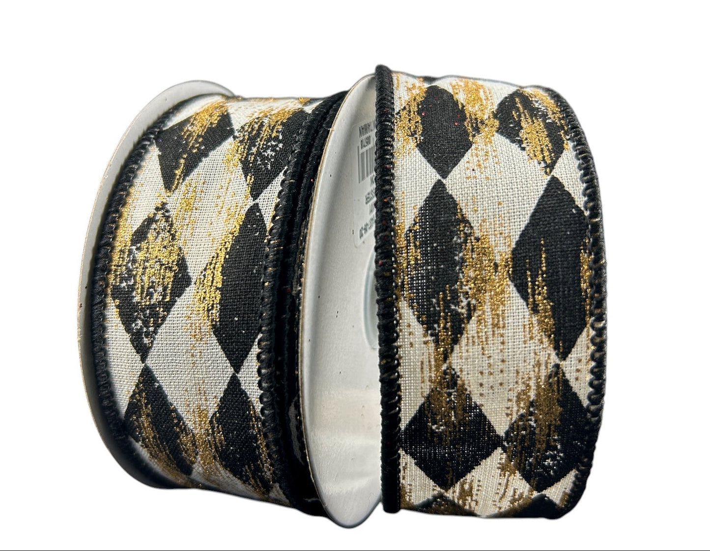 A&B Wholesale Market Inc 1.5 inch cream canvas ribbon with black and metallic gold faded harlequin diamond pattern