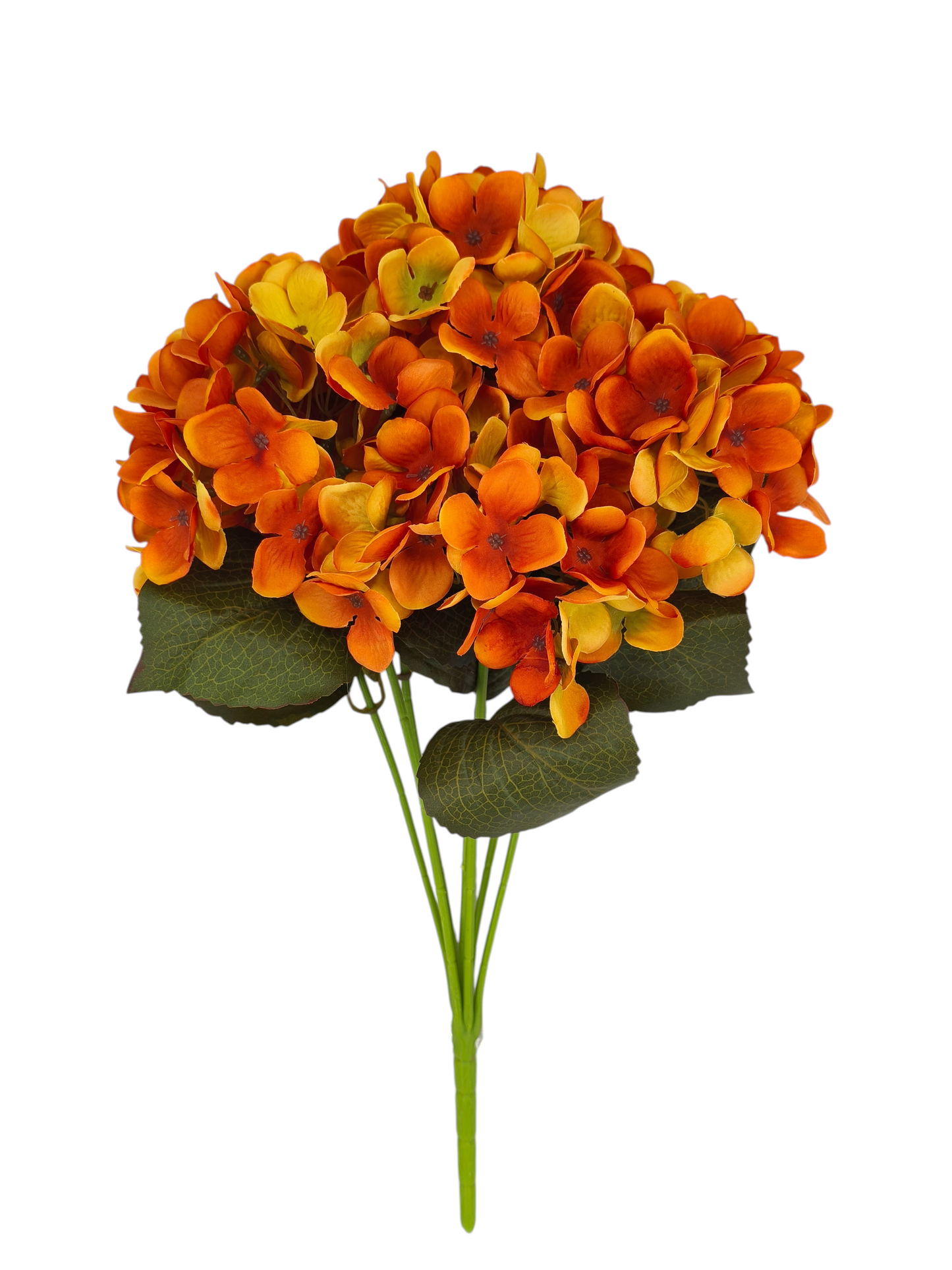 A&B Wholesale Market Inc 20-inch artificial orange hydrangea bush with seven flower heads and green leaves