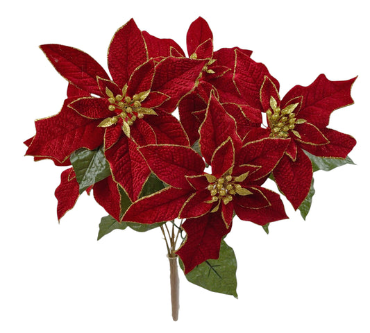 A&B Wholesale Market Inc 17-inch red poinsettia bush with seven flowers featuring gold glitter-edged petals