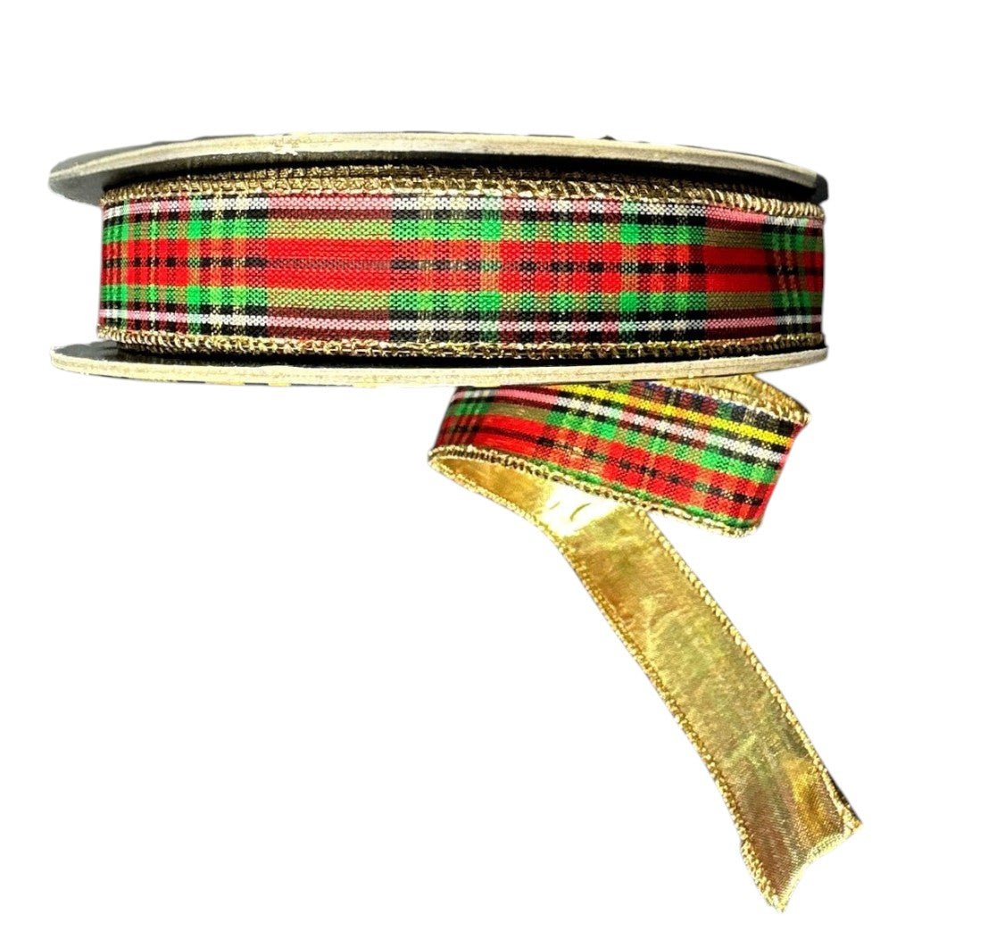 A&B Wholesale Market Inc 1 inch tartan plaid ribbon with metallic gold backing on a spool for holiday crafts