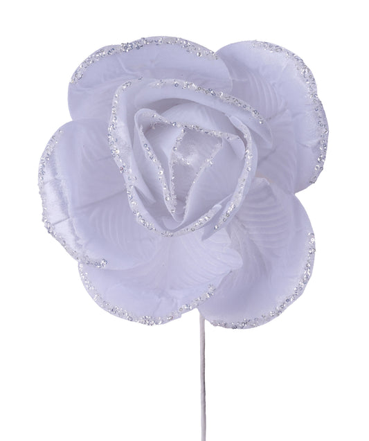 HV922027 | 10"Dia |  Velvet Glitter Rose Stem |  White