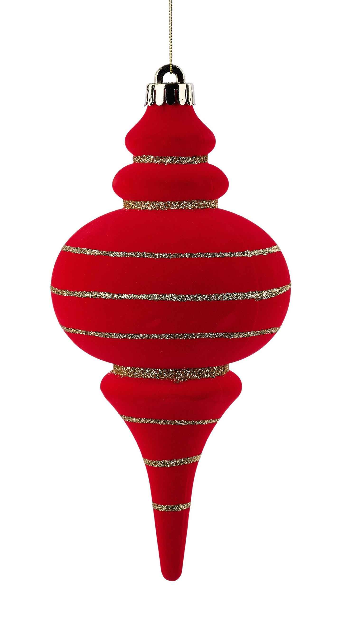 XJ7704T4 | 9.75"L x 4.75"Dia | Flocked Finial Orn | Red/Gold