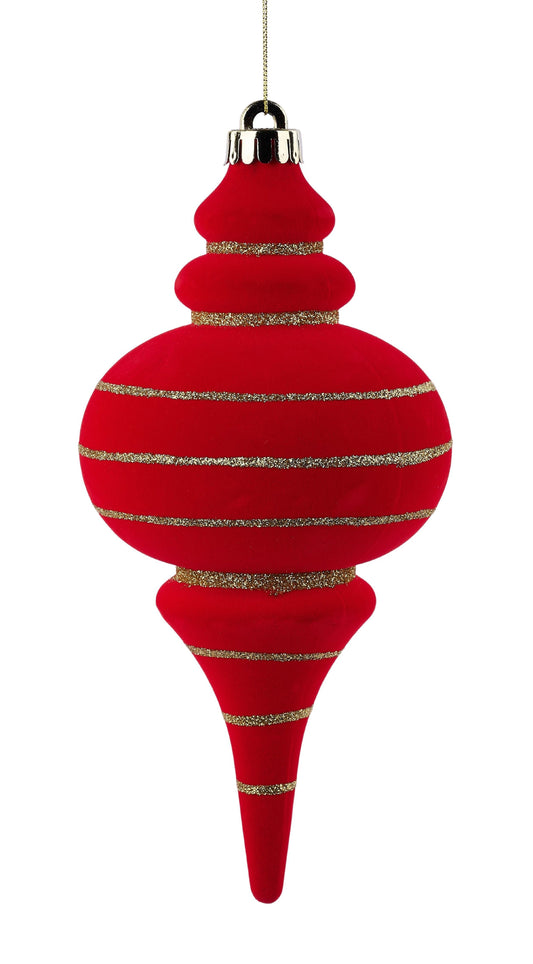 XJ7704T4 | 9.75"L x 4.75"Dia | Flocked Finial Orn | Red/Gold