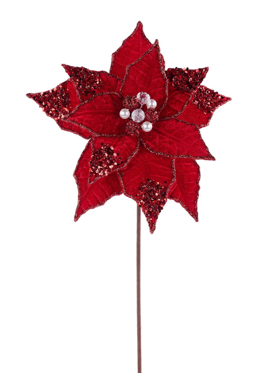 XS424924 | 19.5"Lx10.5"Dia | Velvet Glitter/Sequin Poinsettia | Red